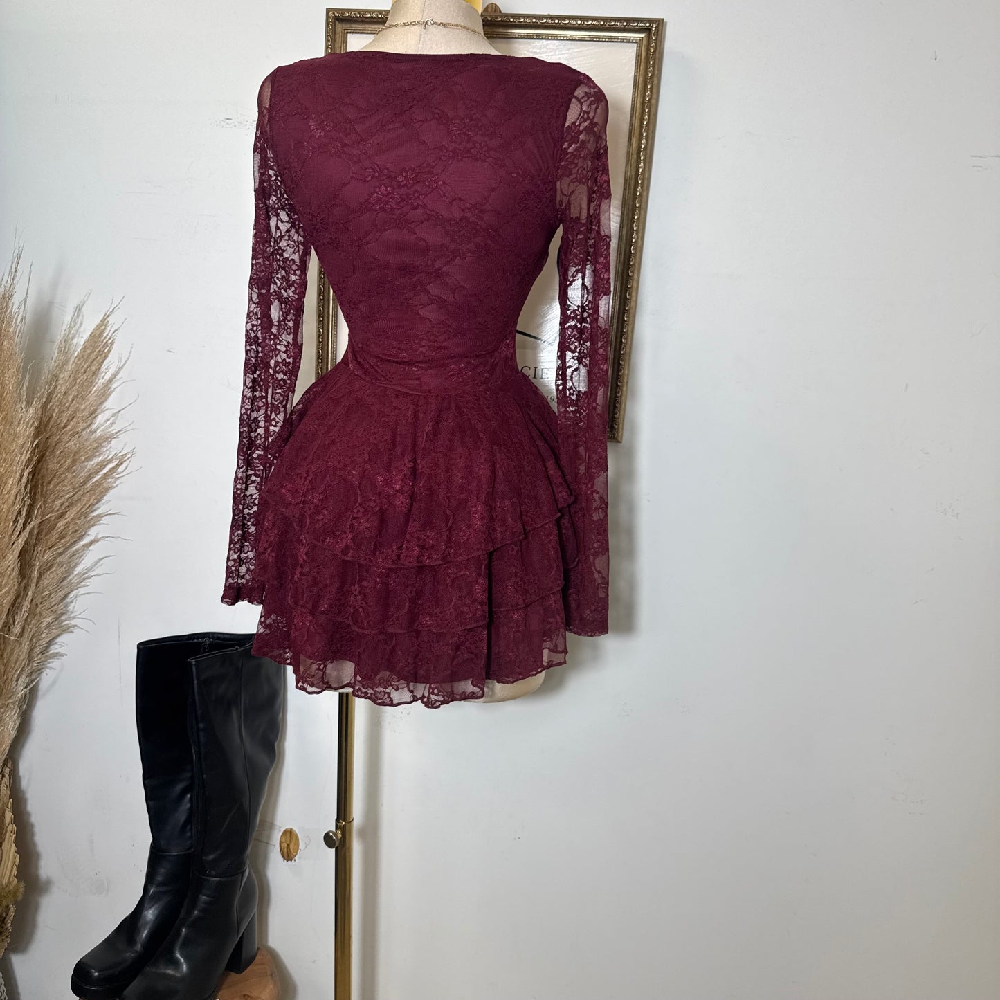 Lace Long Sleeve Ruffle Layered Mini Dress-Burgundy