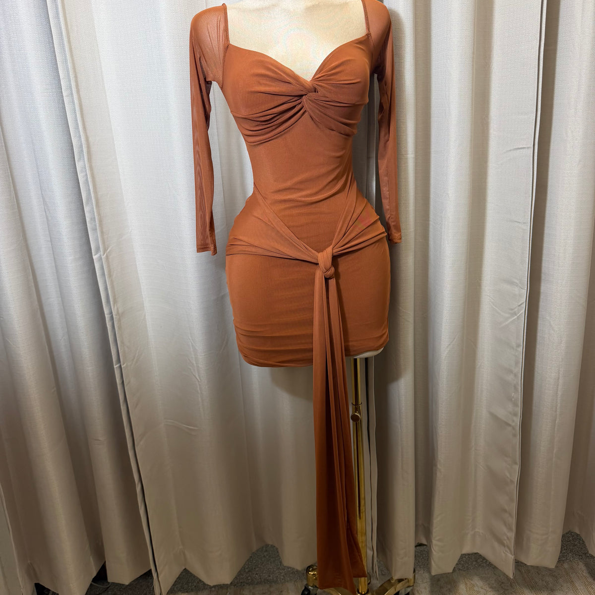 Long Sleeve Off Shoulder Mesh Dress-Brown