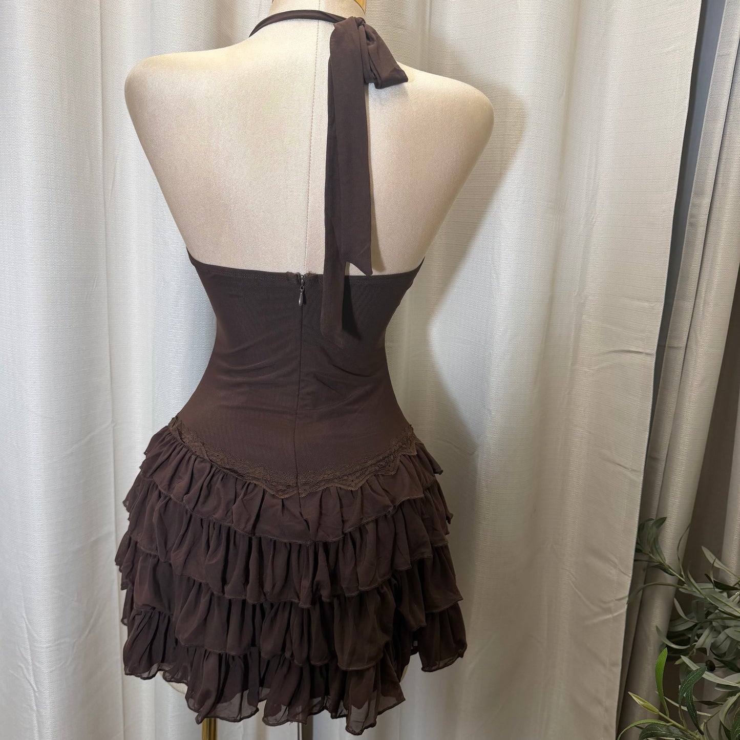 Halter Neck Mini Corset Dress with Layered skirt-Brown