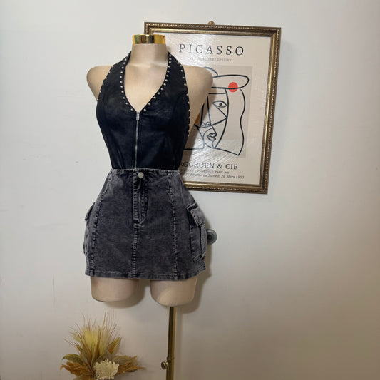 Zipper Front Suede Top-Black