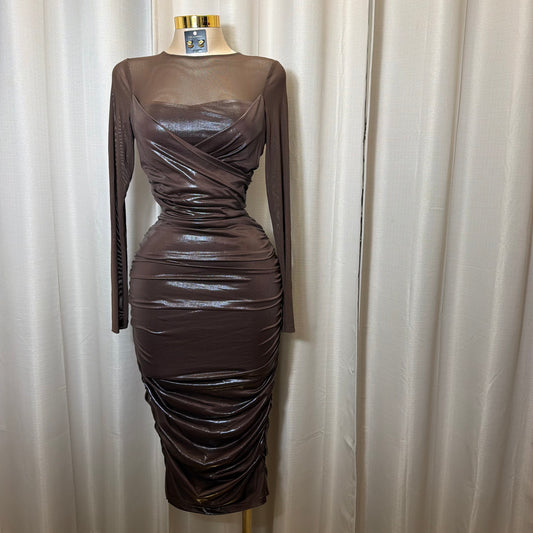 Ruched Midi Dress with sheer Mesh Sleeves-Brown