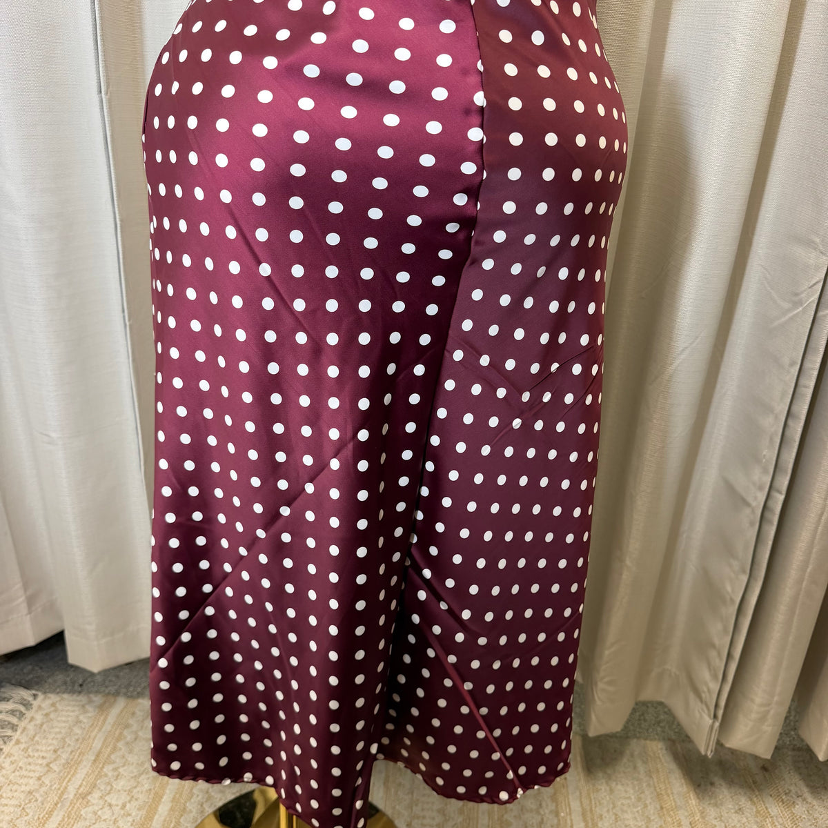 PL-Satin Midi Skirt Polka Dot Top-Burgundy/White