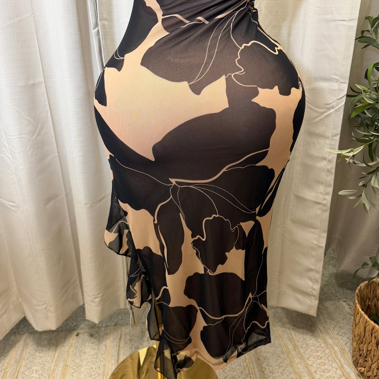 Floral Ruffle Slit Midi Dress-Brown