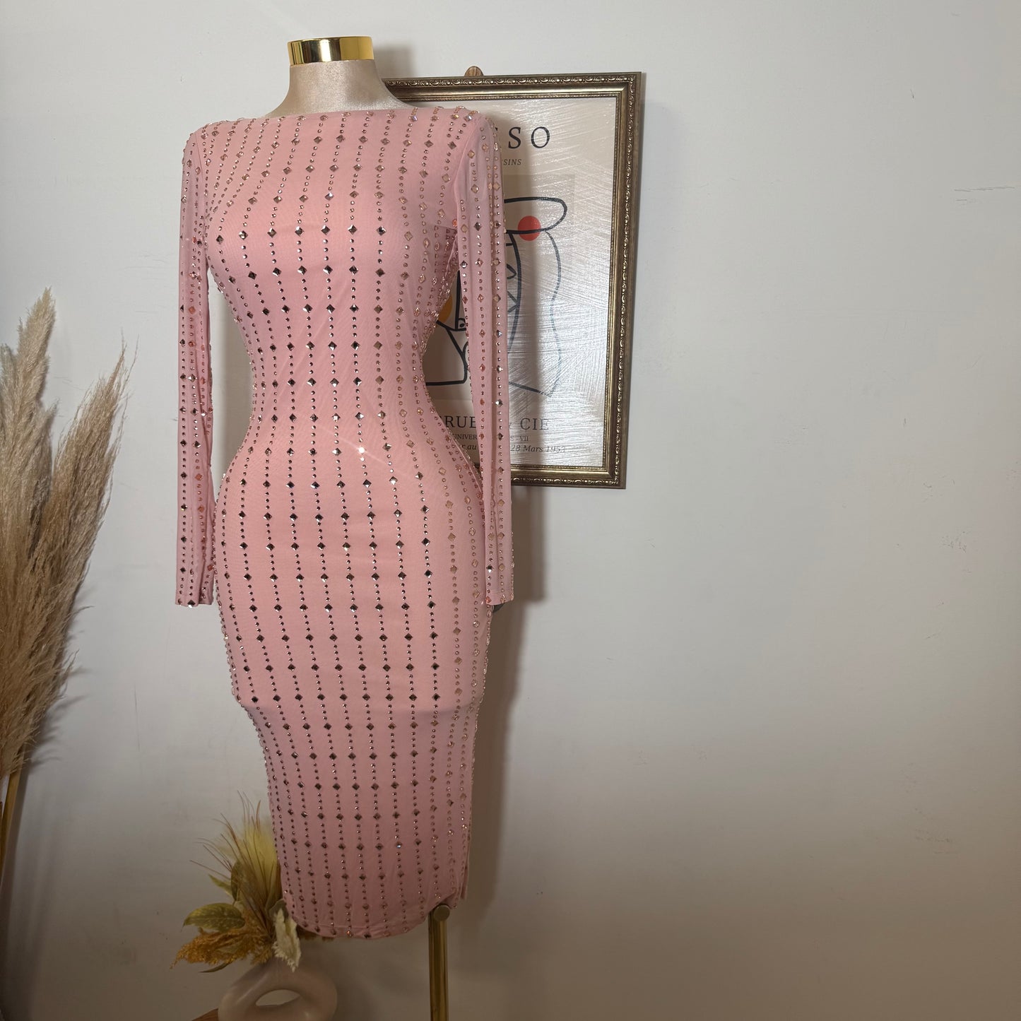 Square Rhinestone On Mesh Midi Dress-Pink