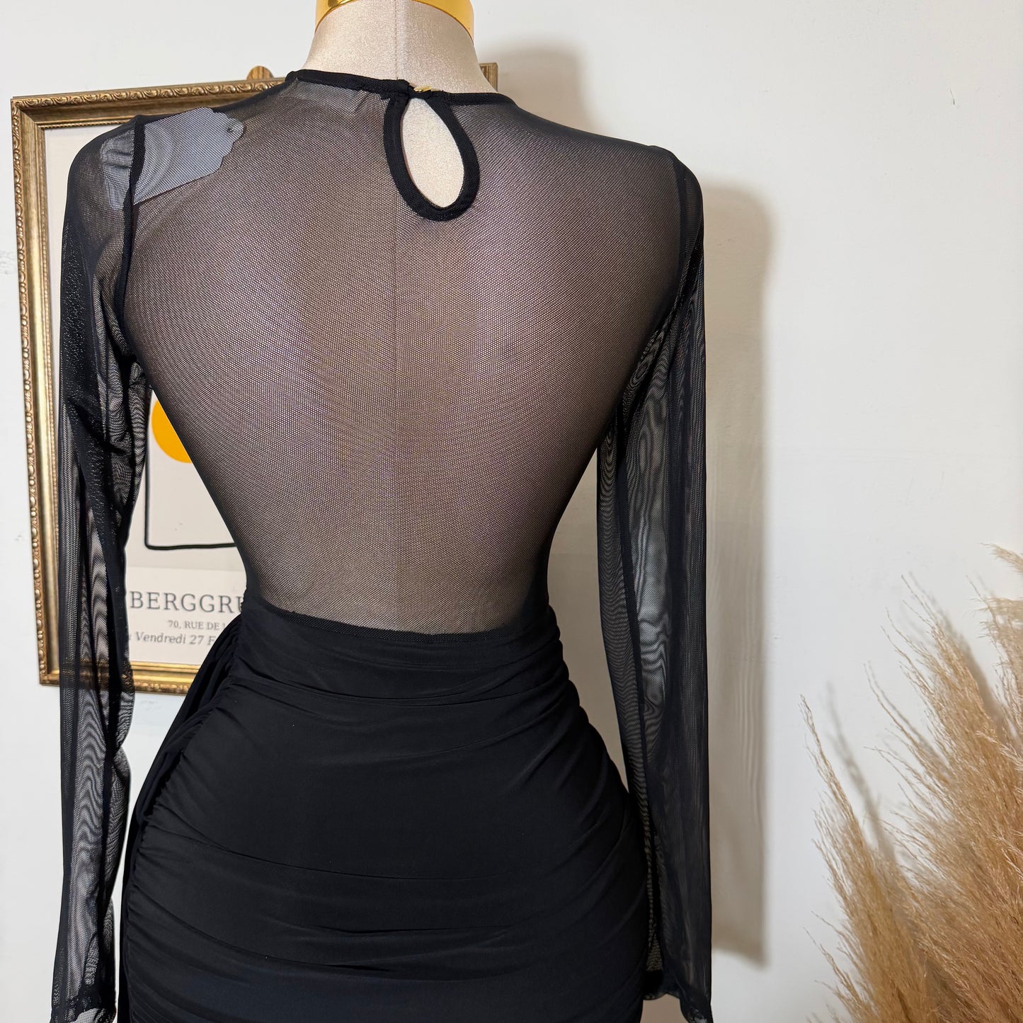 Solid Fabric with Mesh Match Mini Dress-Black
