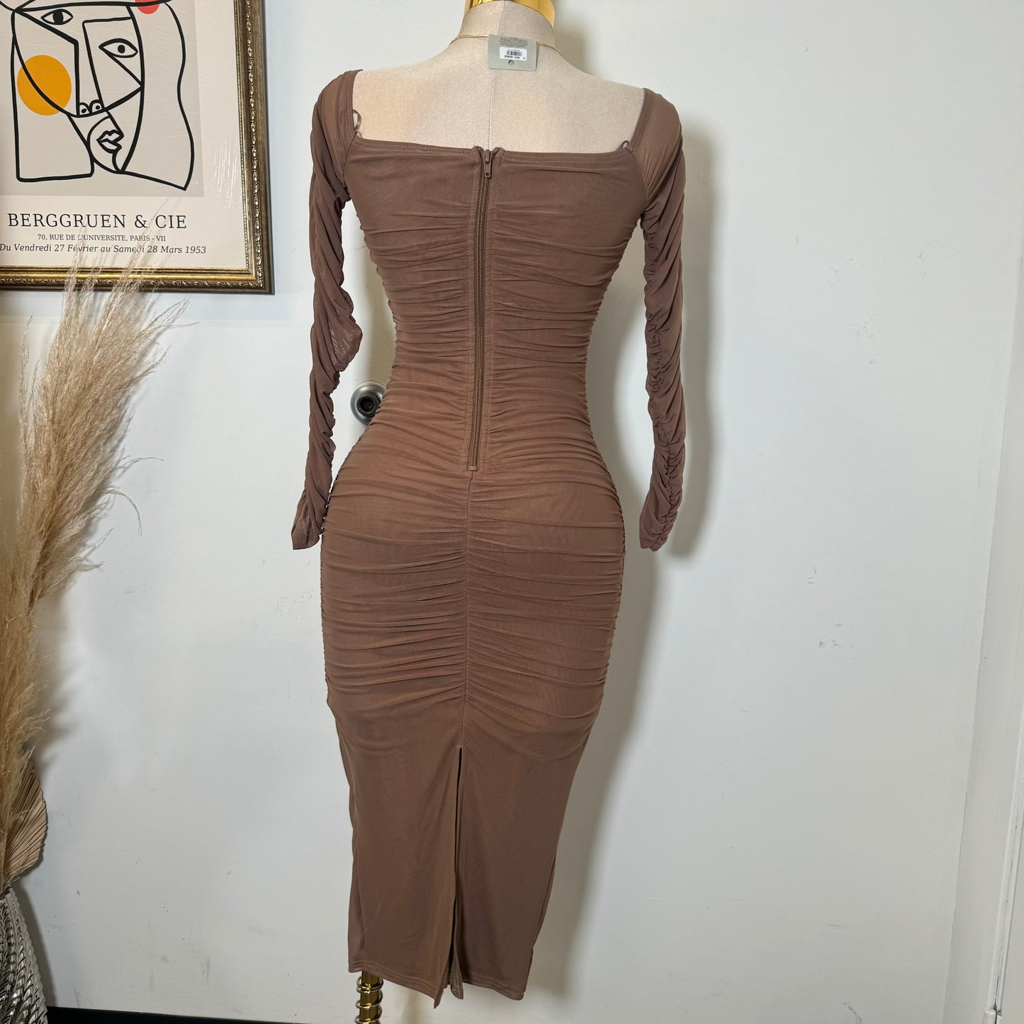 Mesh Off Shoulder Long Sleeve Dress-Brown