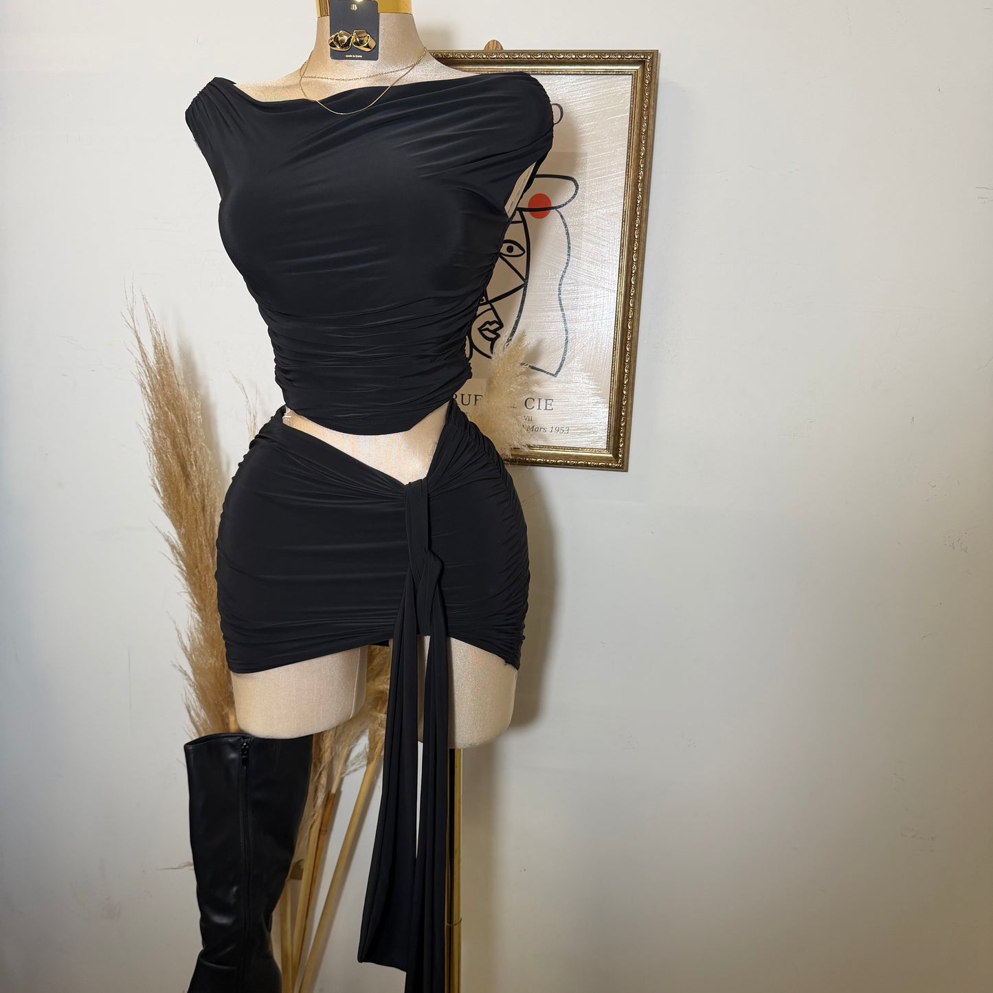 Short Sleeve & Mini Skirt w/ Drape Tie Ruched Set-Black