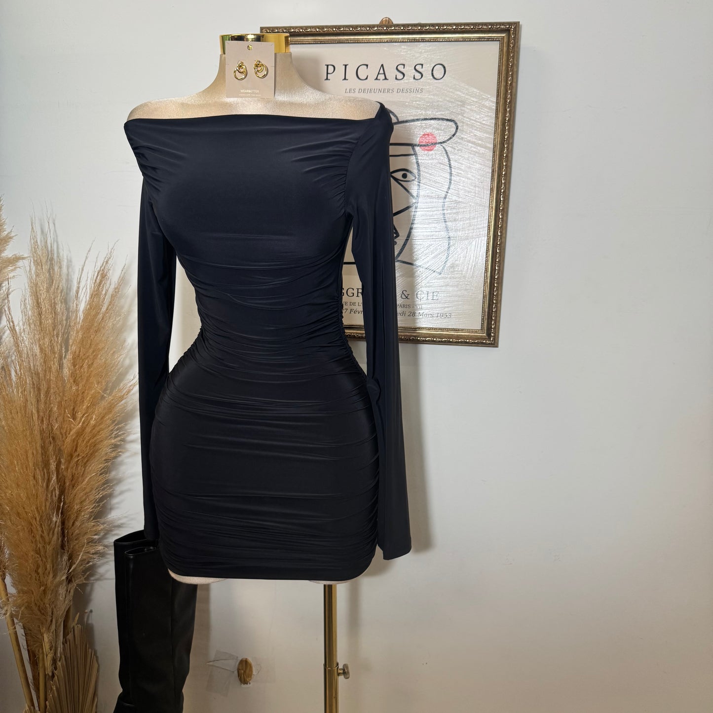 Long Bell Sleeve Boat Neckline Mini Dress-Black