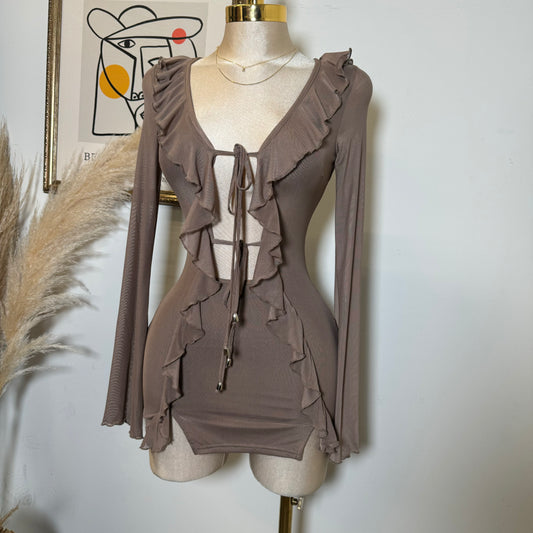 Sexy self tie Mini Dress-Brown