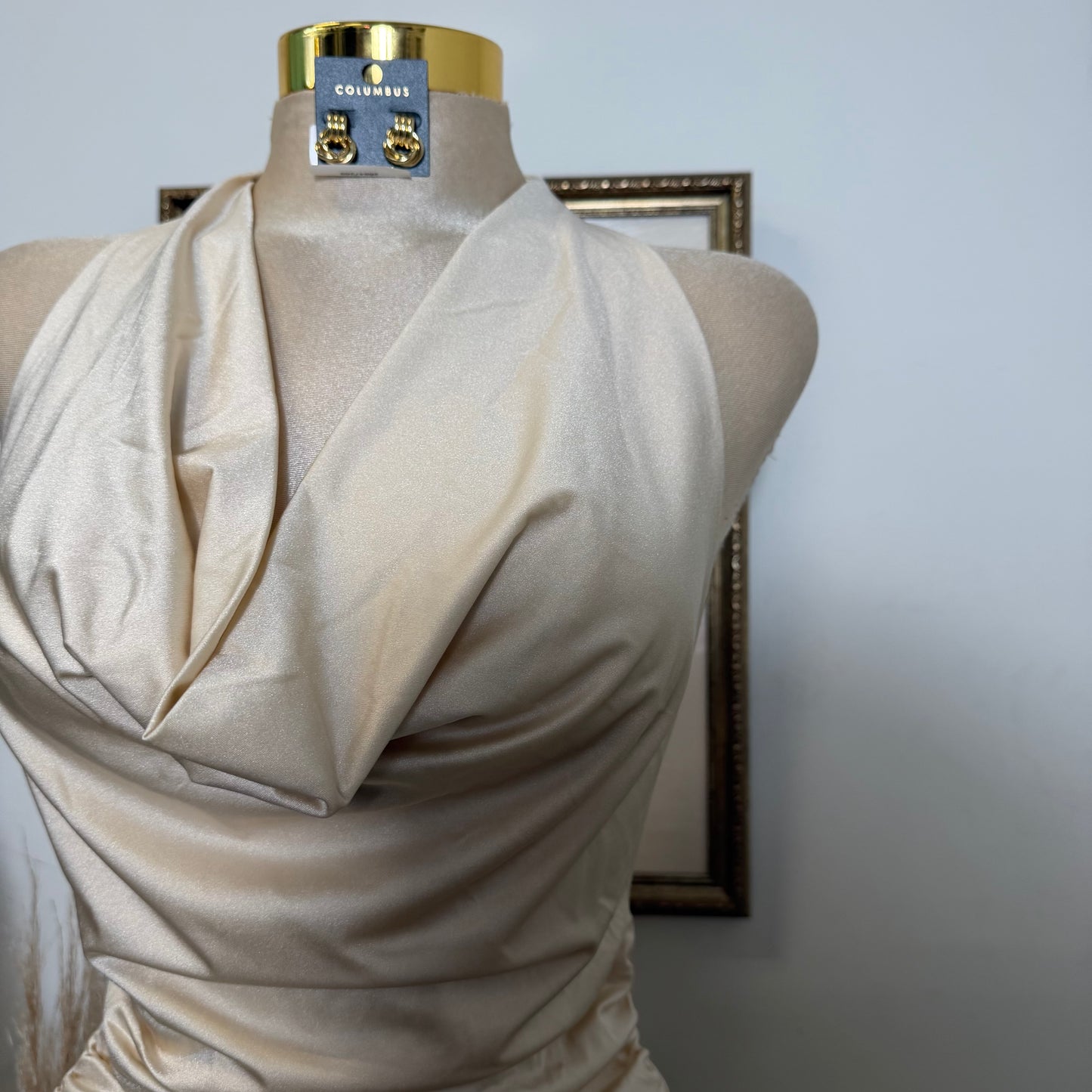 Cowl Mock Neck Ruched Mini Dress-Champagne