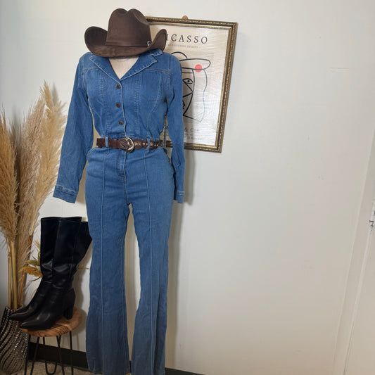 Wide Leg Denim Jumpsuit-Medium Wash