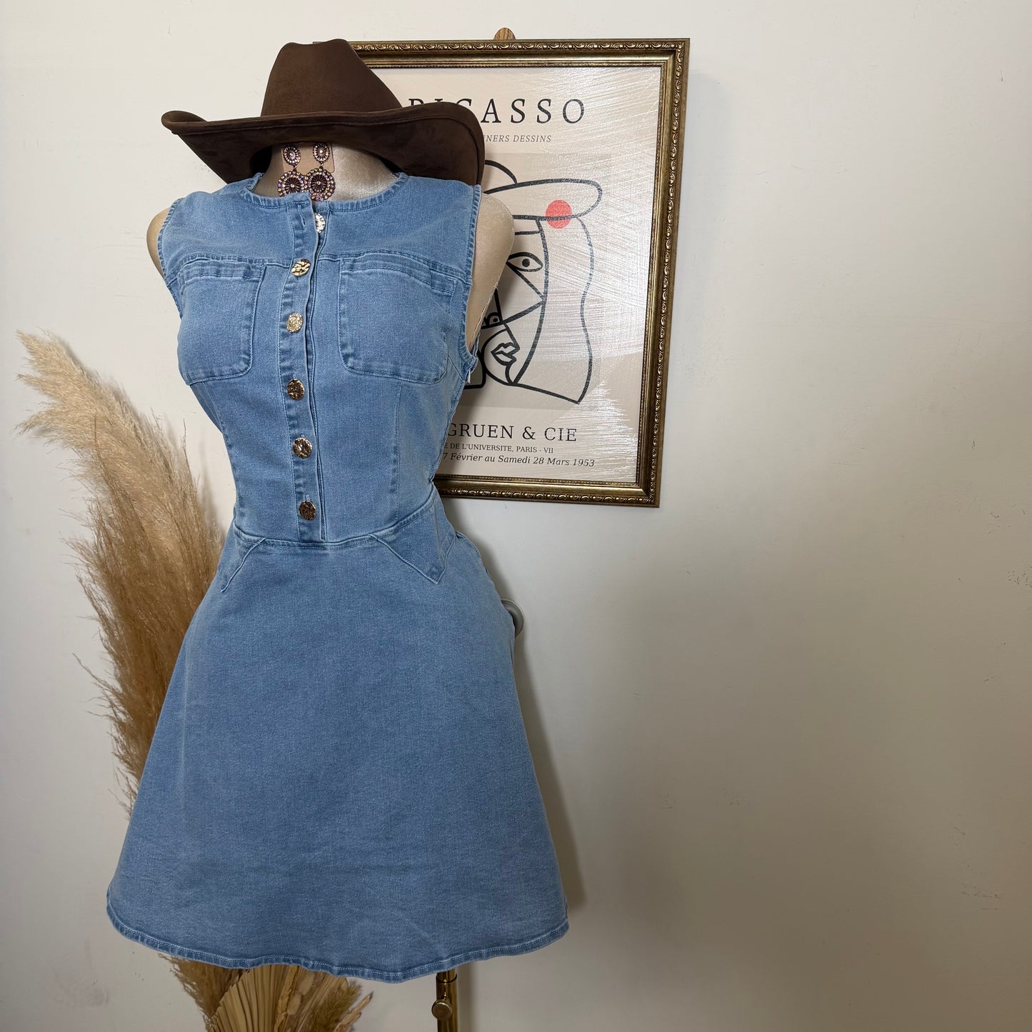 Round Neck Midi Denim Dress-LT Blue