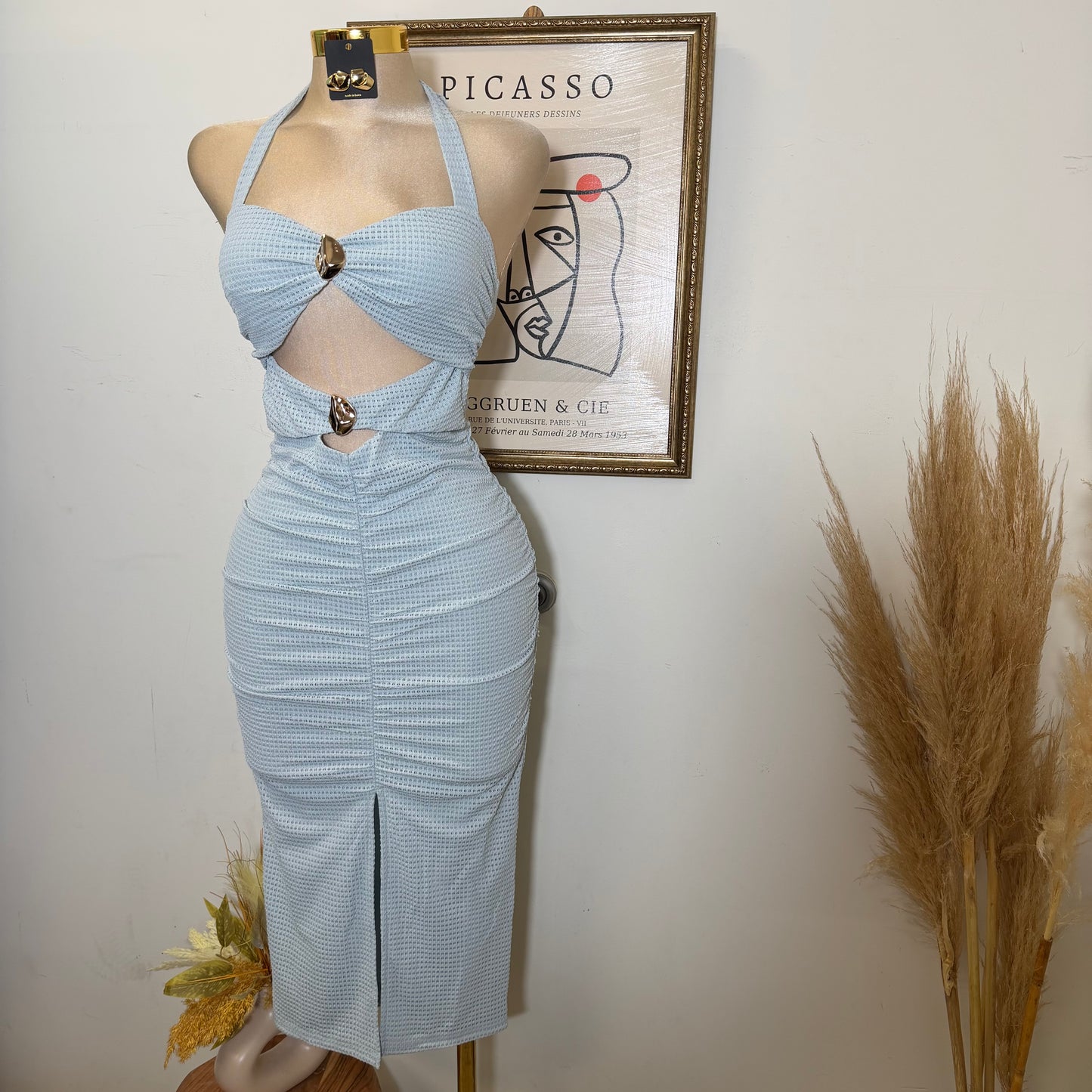 Front metal Trim Shirring with slit Midi Dress-Blue