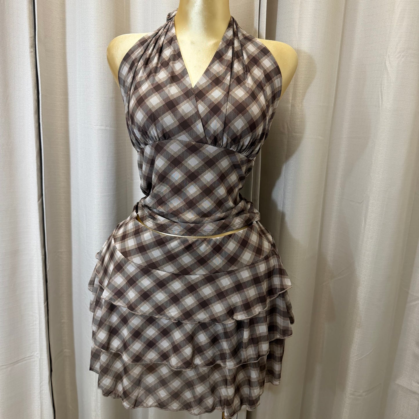 PL-Halter top Flare Skirt Set-Brown/Beige
