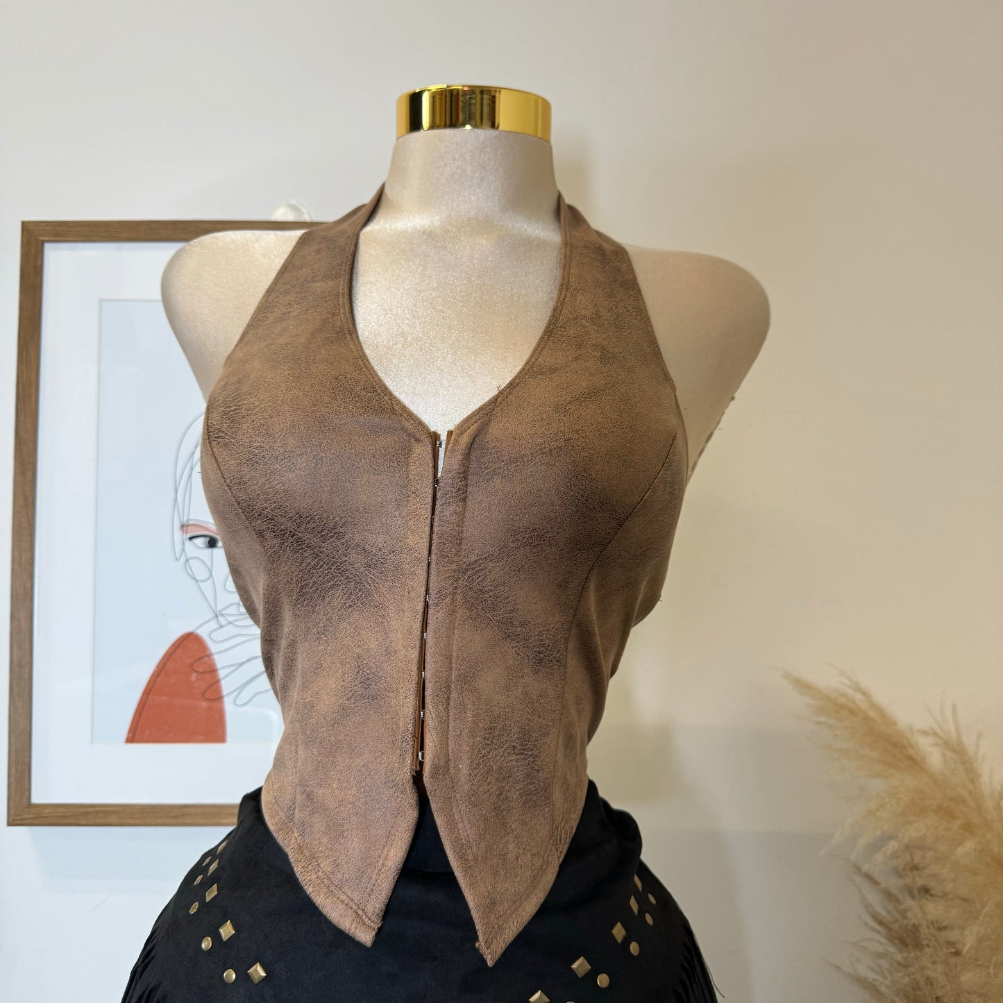 Suede Halter Crop Top Leather- Brown