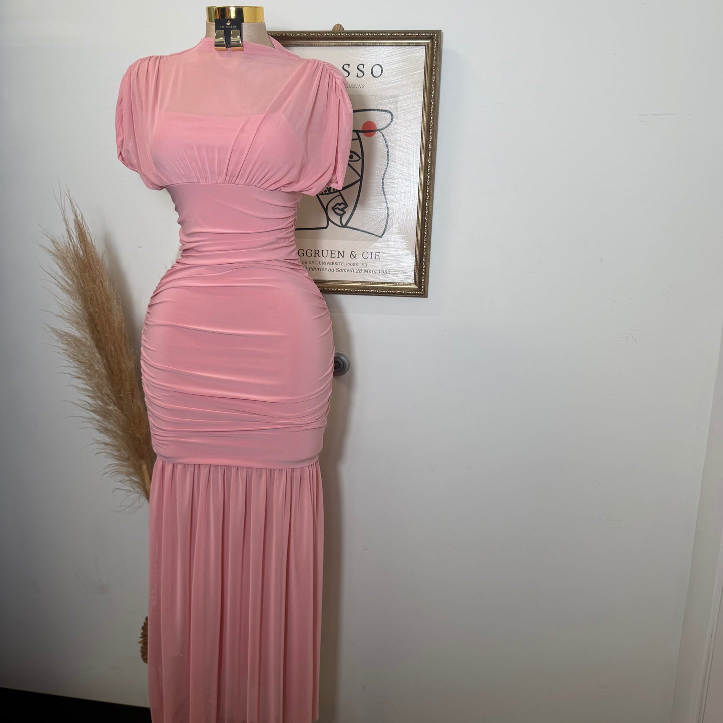 Mesh & Knit Mix Long Dress-Pink
