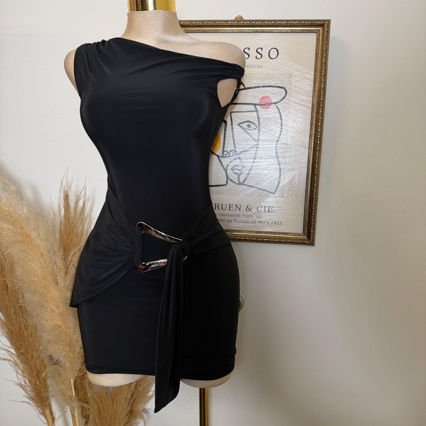 Halter Drape Trim Detail Mini Dress-Black