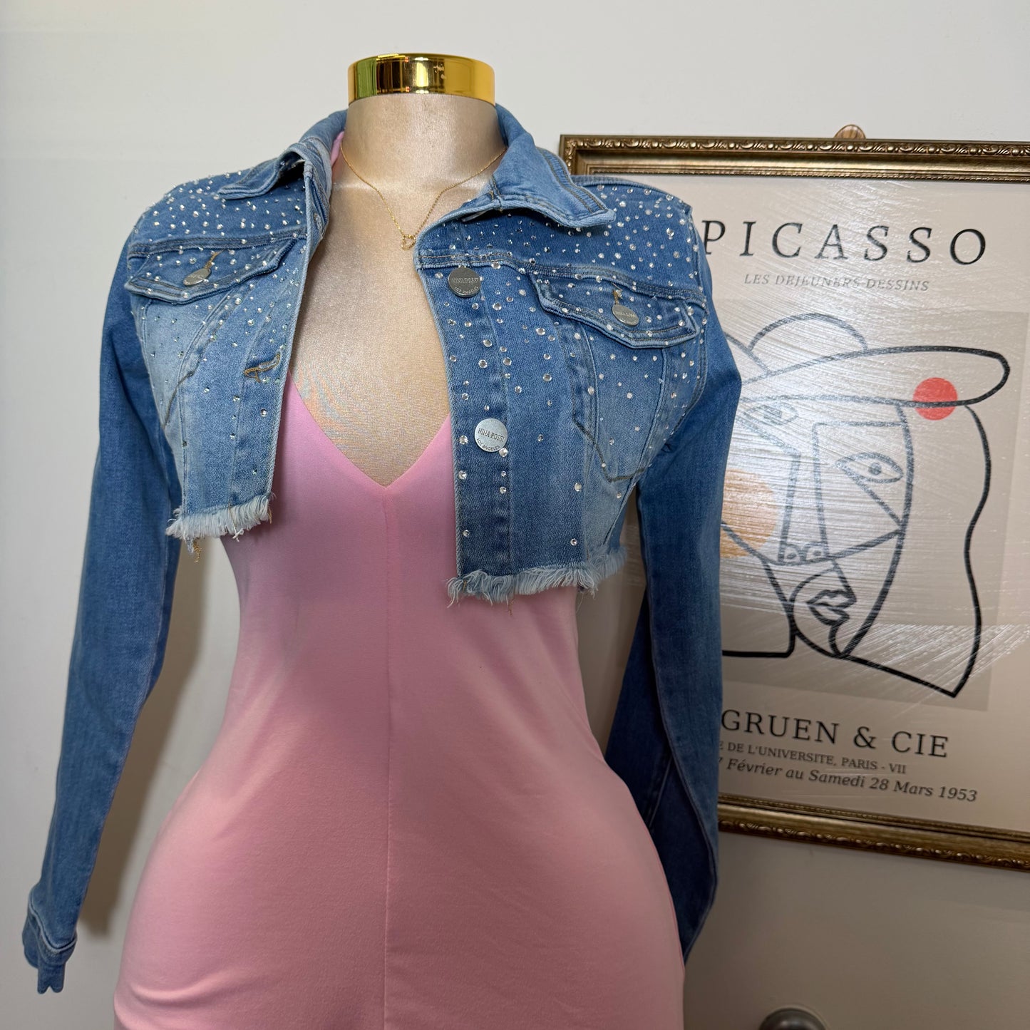 Cropped Denim Rhinestone-Blue