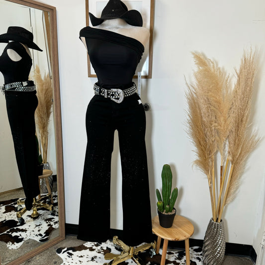 Flare Rhinestone Jeans-Black