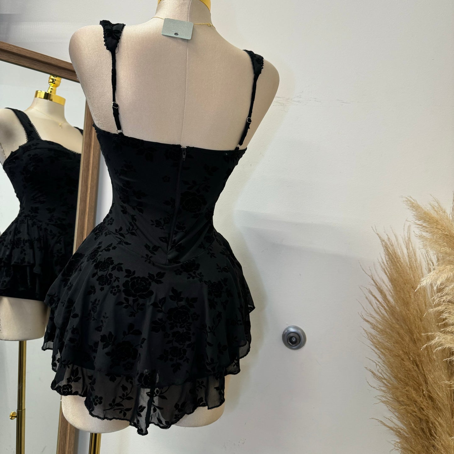 Floral Lace Trim Dress-Black/Black