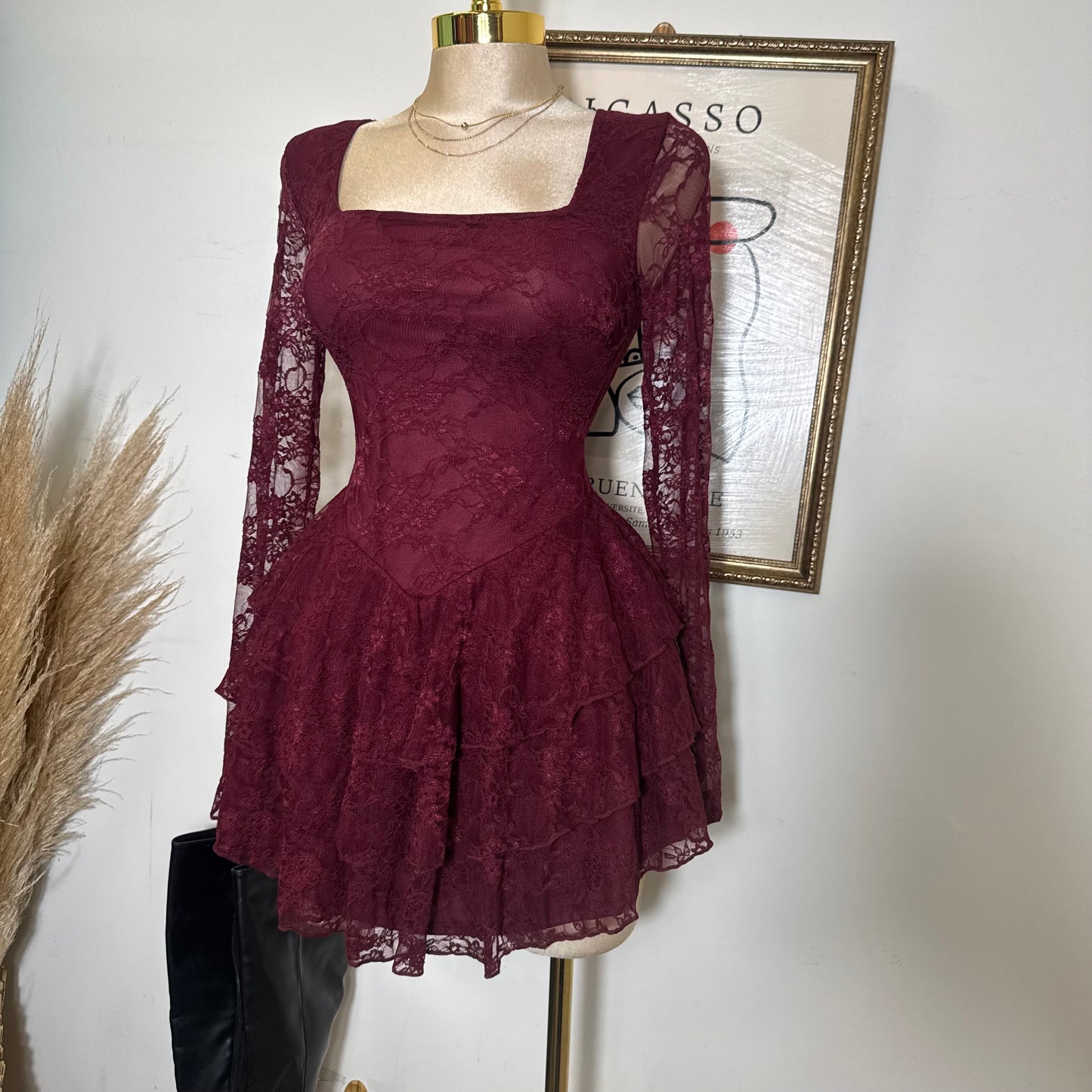 Lace Long Sleeve Ruffle Layered Mini Dress-Burgundy