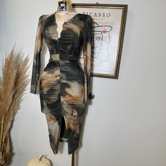 Multi Colored Mesh With trim Midi Dress-Olive