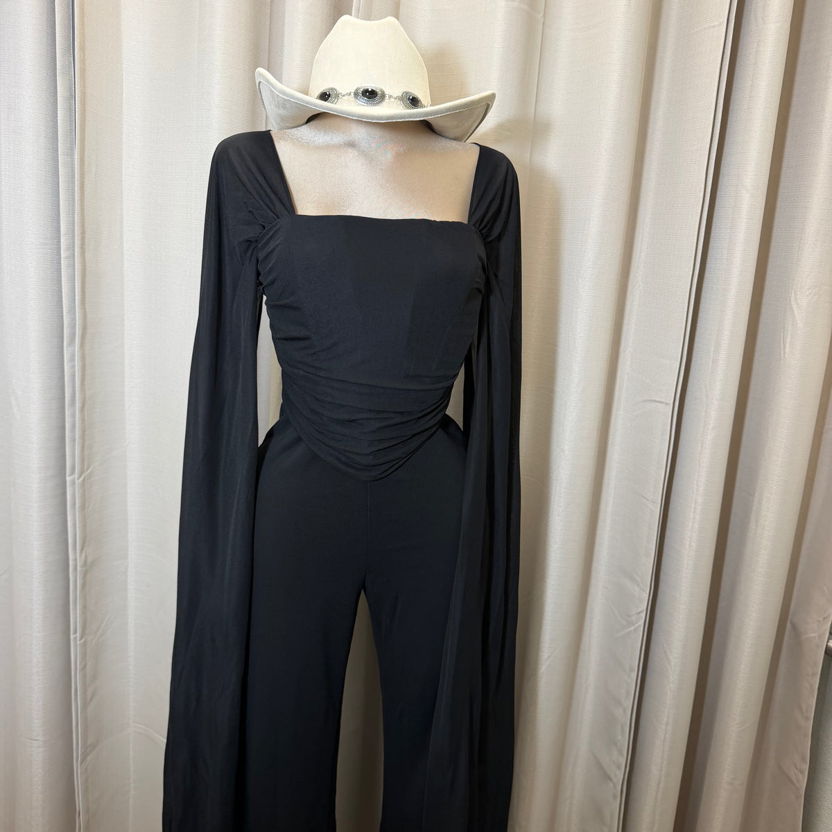 Mesh Cape Sleeve Corset Jumpsuit-Black