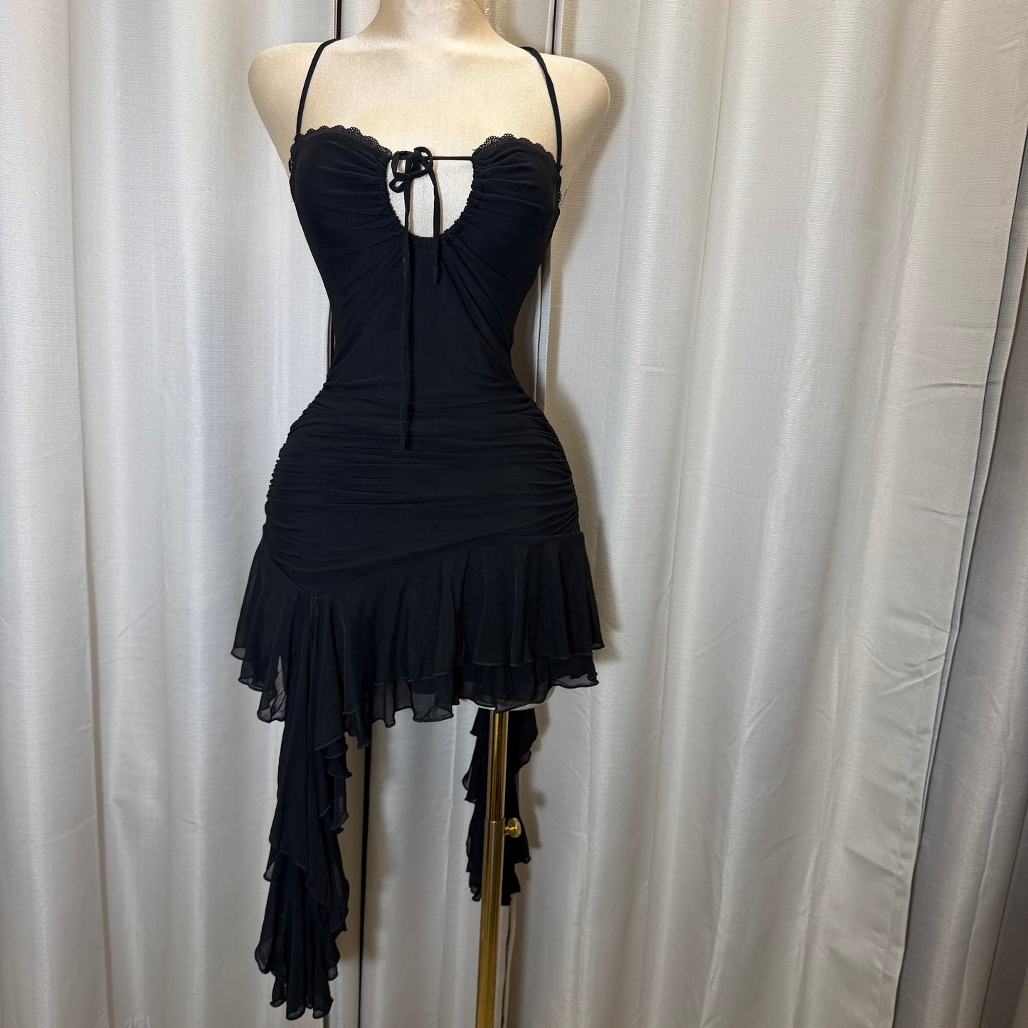 Flower Print Detail Mini Dress with Ruffle-Black