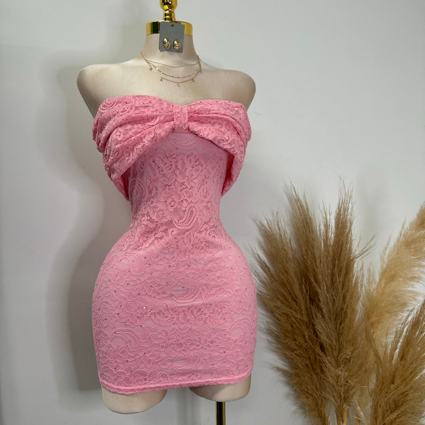 Bow Lace Rhinestone Dress-Pink