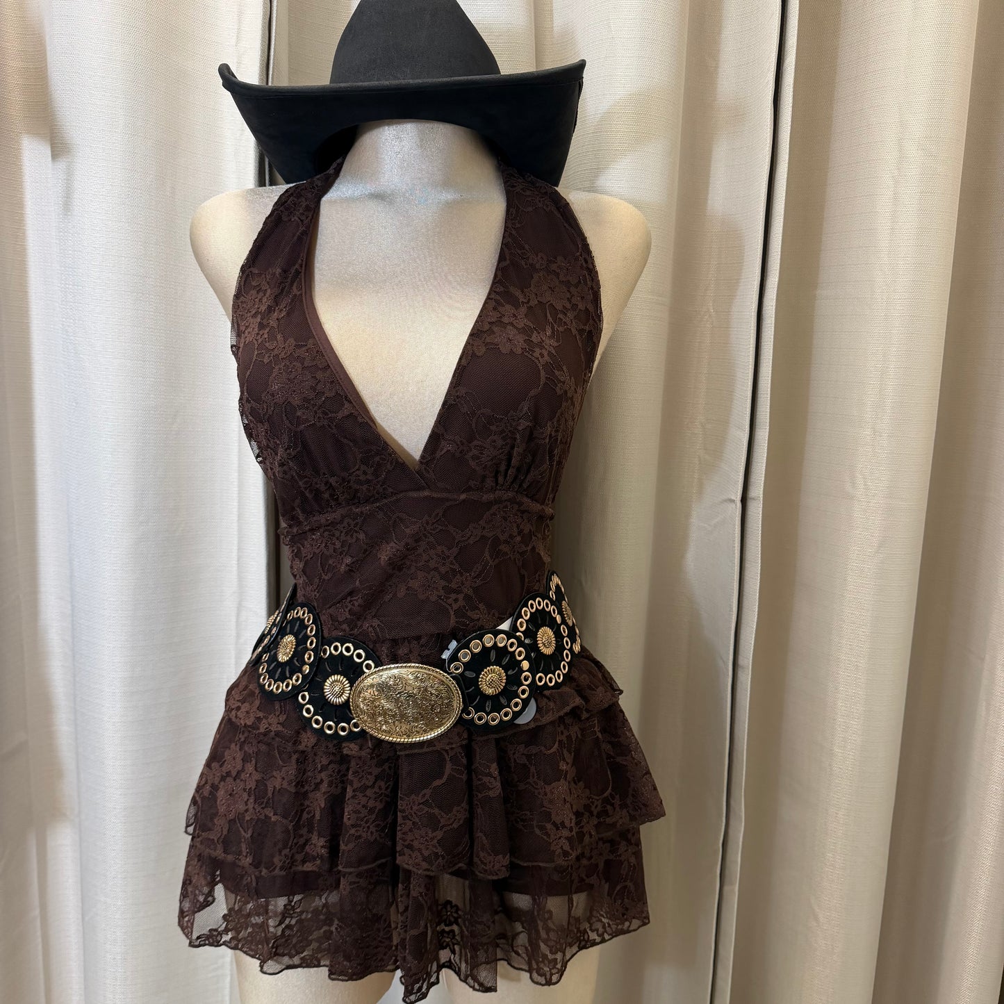 Halter lace romper with shorts-Brown