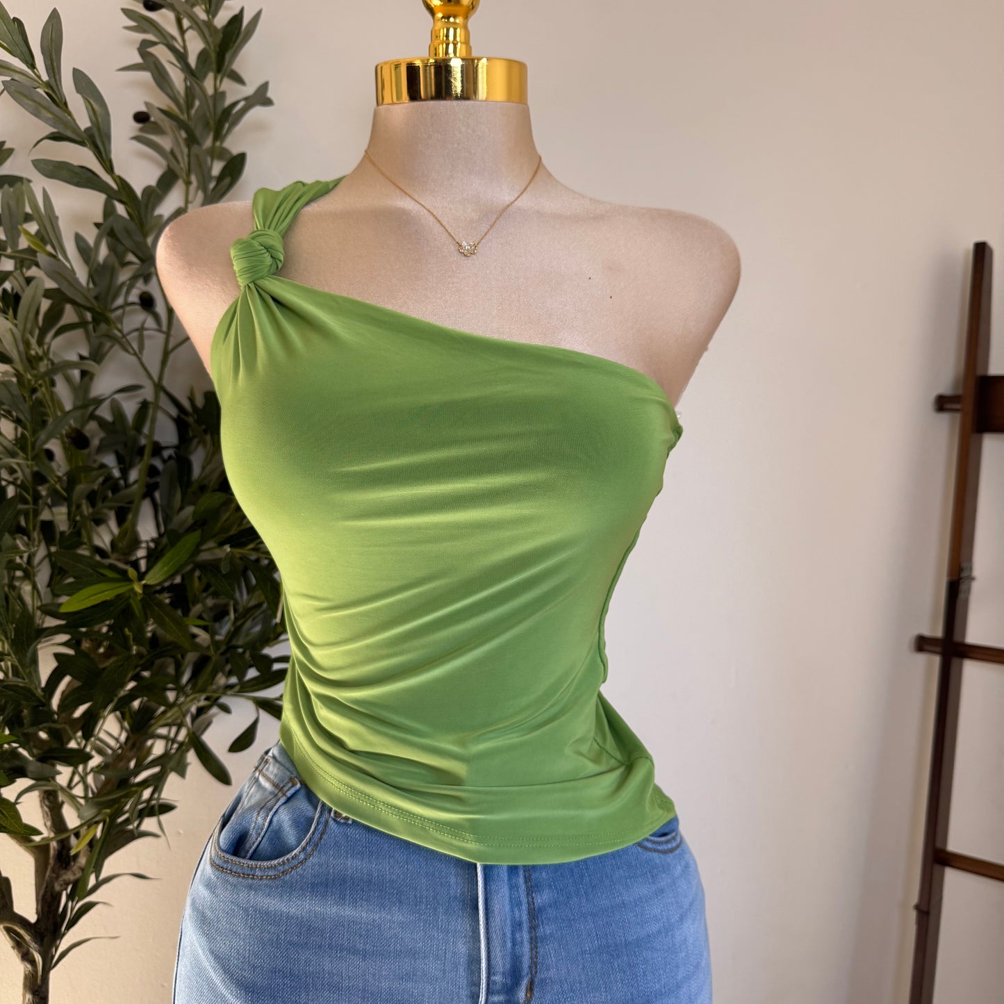 One shoulder knotted Asymmetrical Top-Avocado