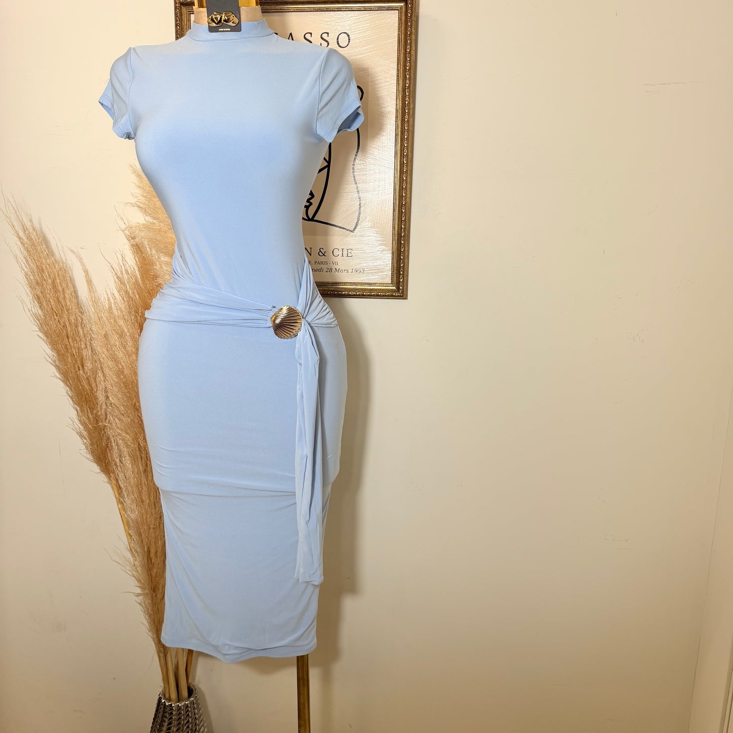 Shelf Gold Trim with Sash Detail Midi Dress-Blue