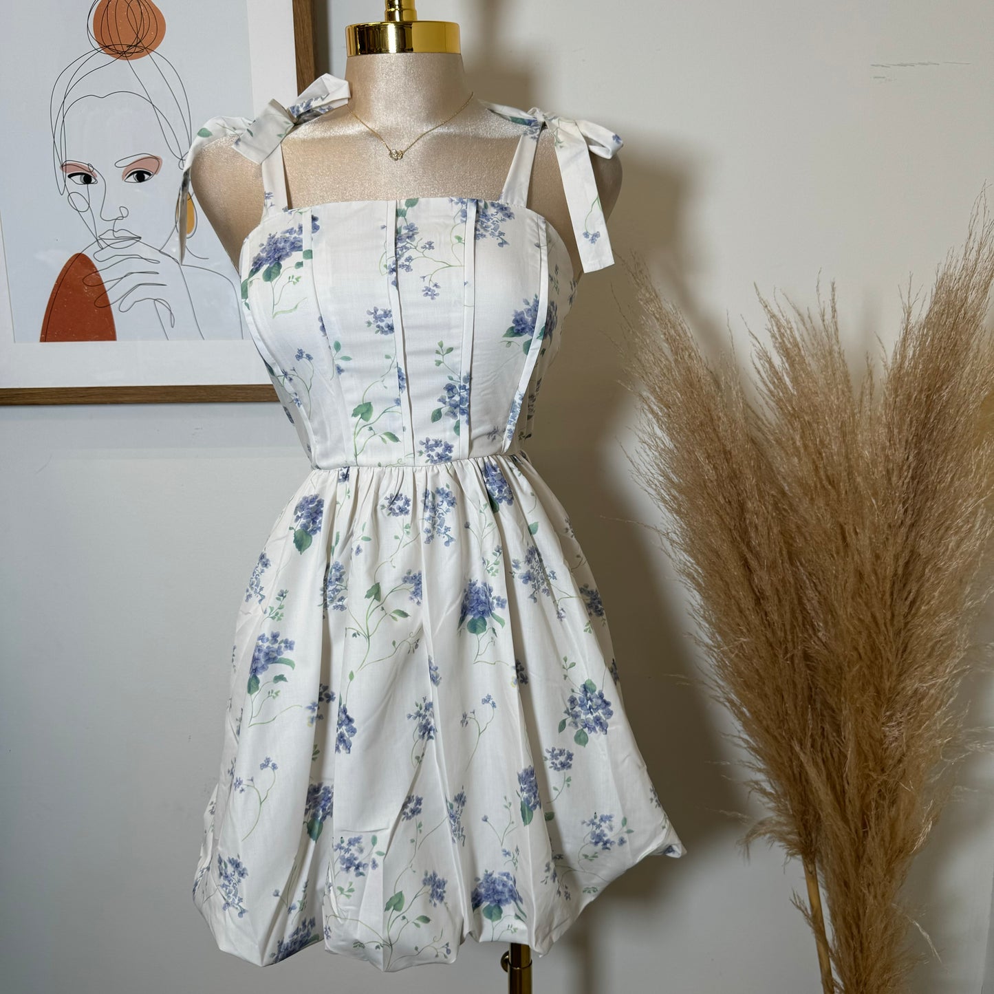 Coqueta Floral Bubble Skirt Dress-White/Blue