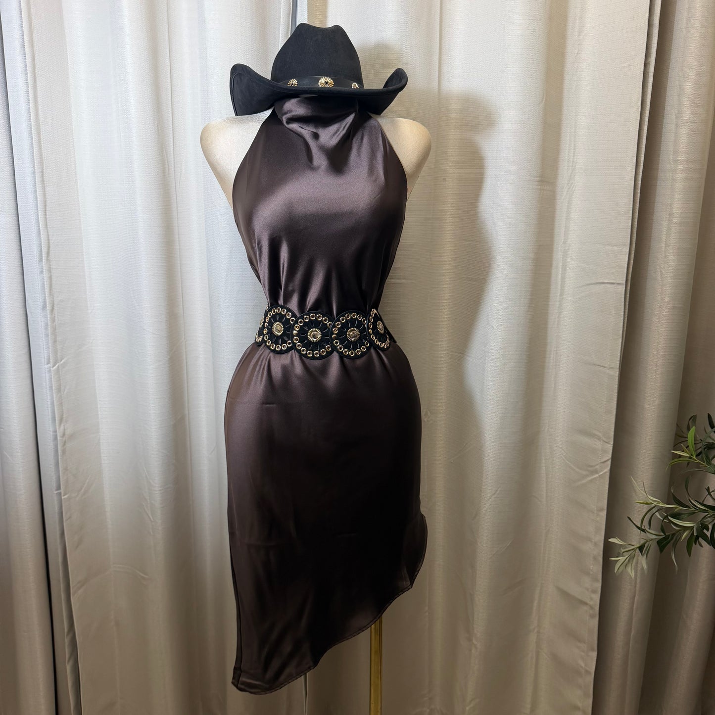 Satin Asymmetrical Midi Dress-Brown