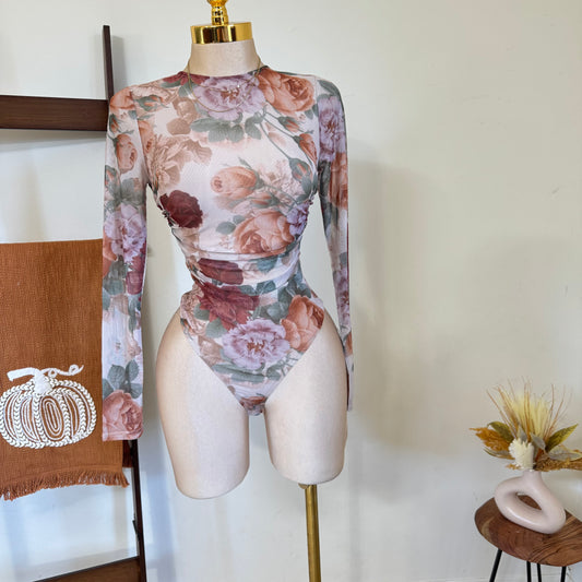 Round Neck Long Sleeve Bodysuit-Taupe