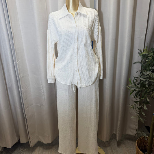 Rhinestone Long sleeve Pant Set-Off white