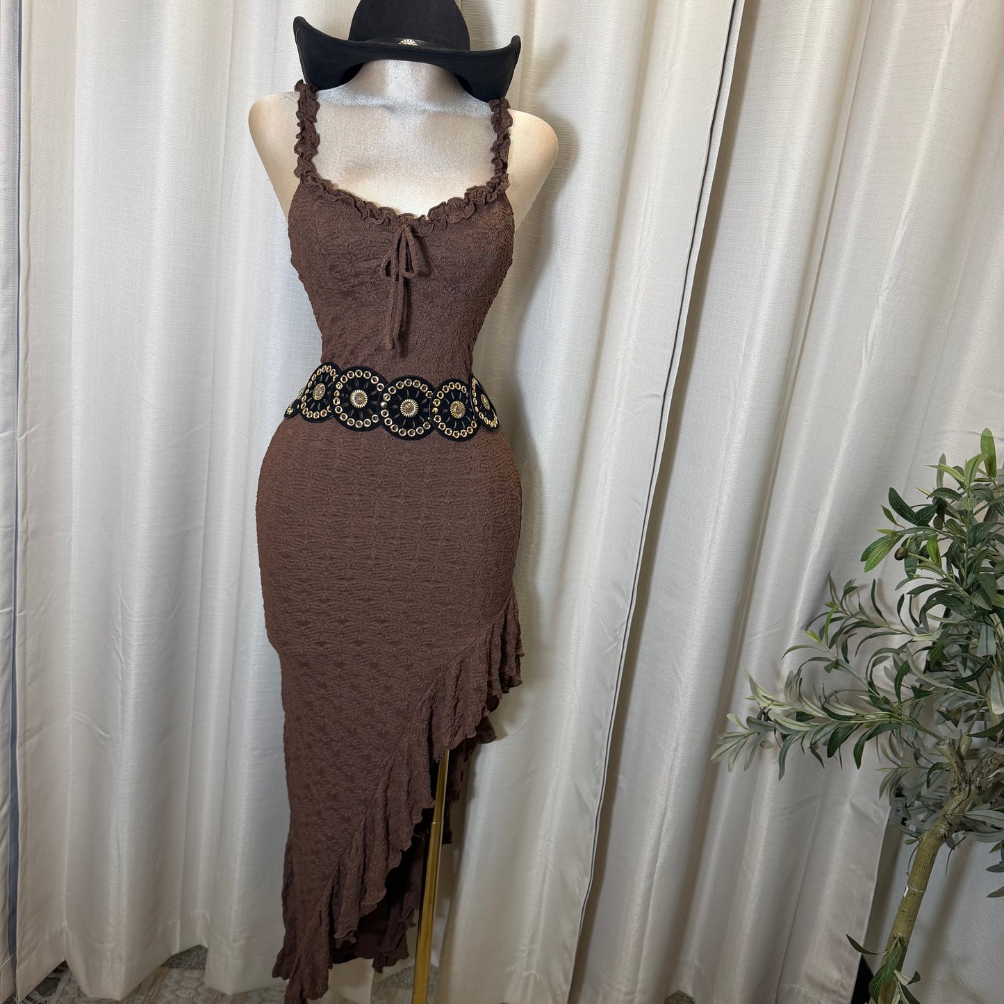 Daisy Asymmetric Skirt Midi Dress-Brown