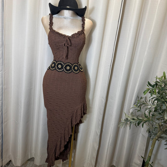 Daisy Asymmetric Skirt Midi Dress-Brown