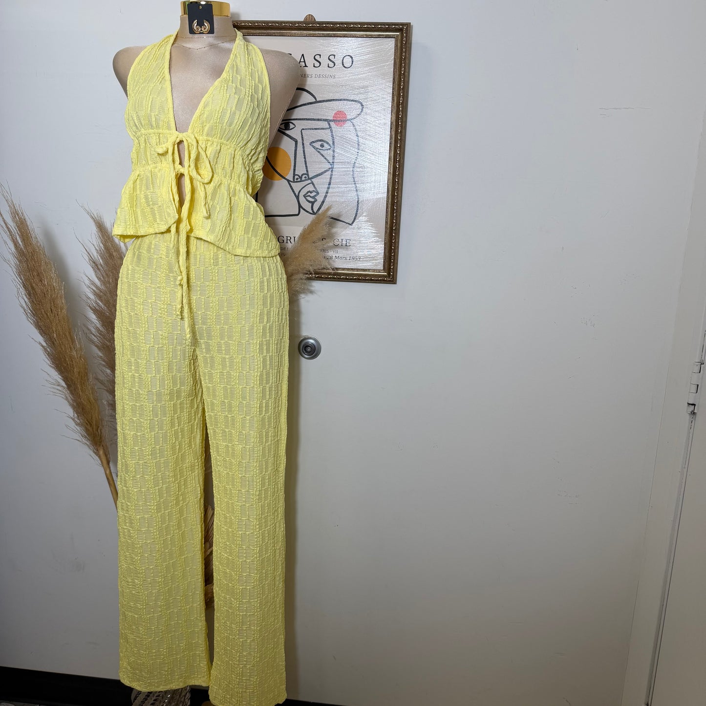 Front Tie Spaghetti Tie Halter Neck Top and pant set-Light Yellow