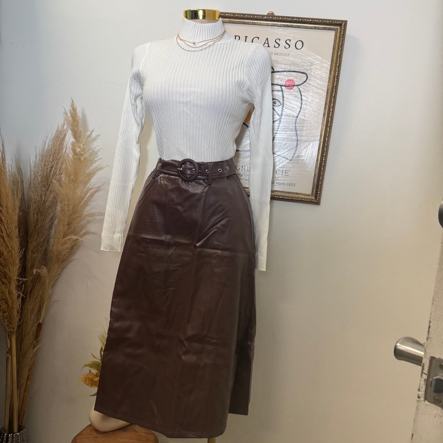 Pu Belted A Line Skirt-Brown