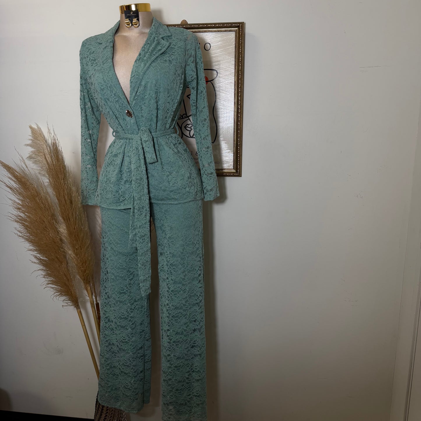 Lace blazer Pant Set -Sage Green
