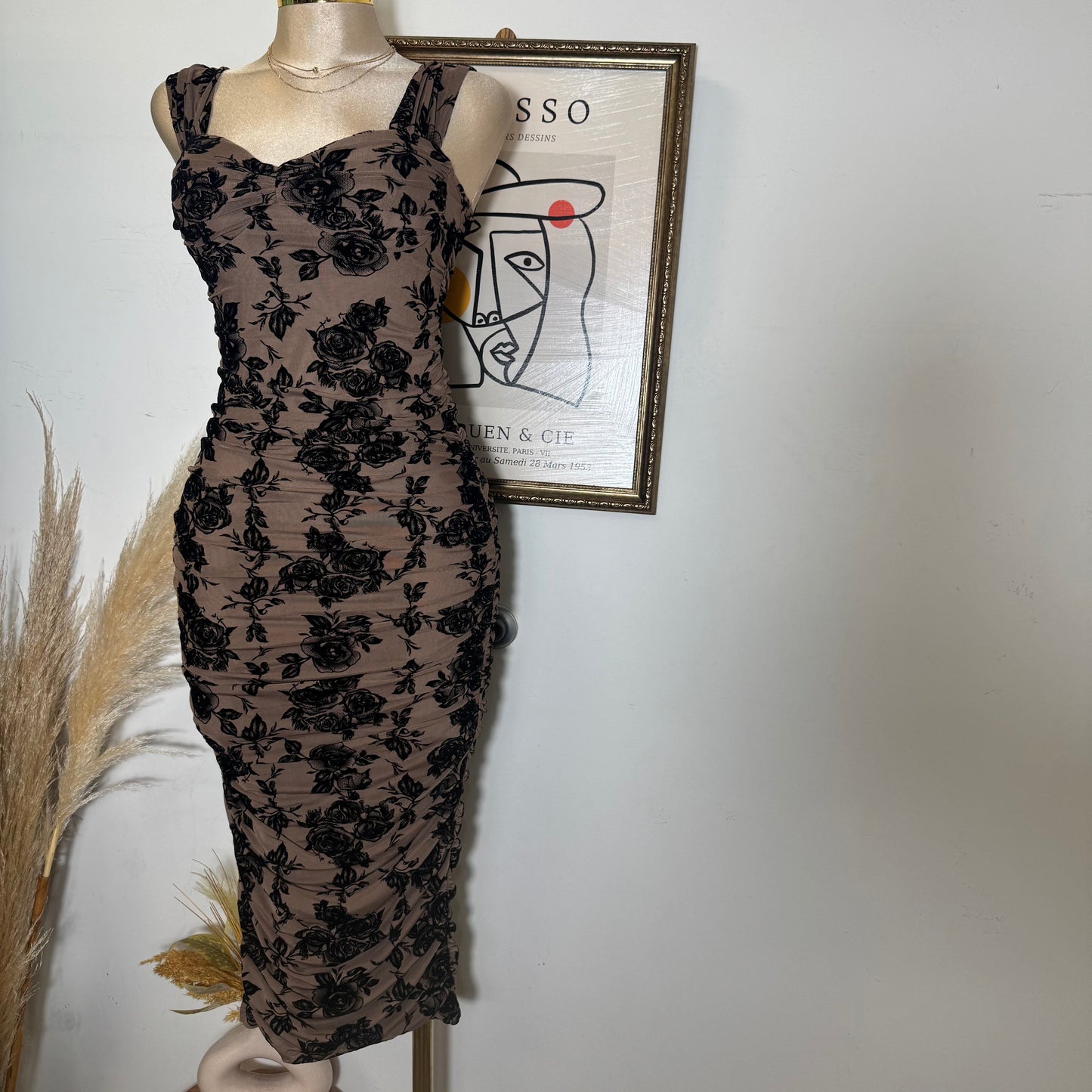 Off the shoulder Ruched Midi Dress-mocha Black