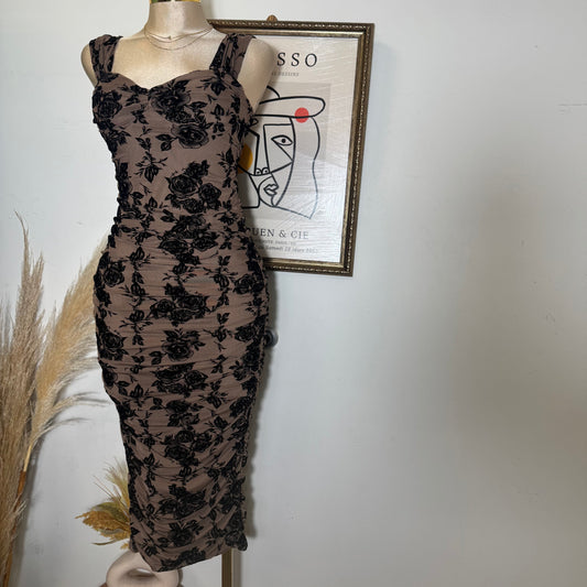 Off the shoulder Ruched Midi Dress-mocha Black
