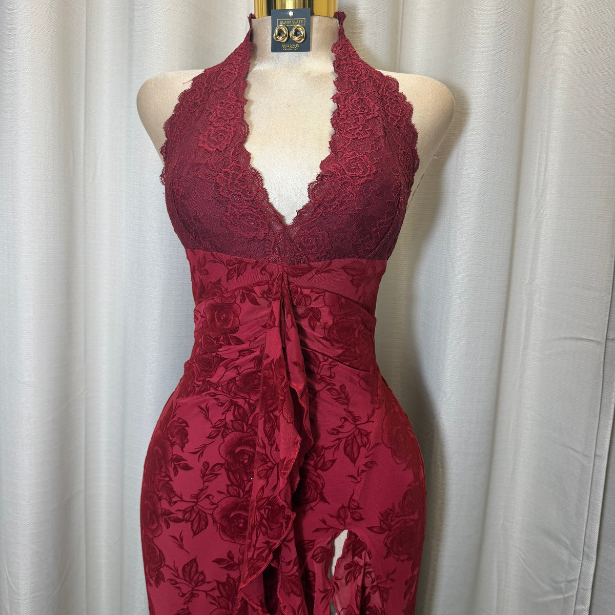 Halter Lace Detail Floral Dress-Red/Burgundy