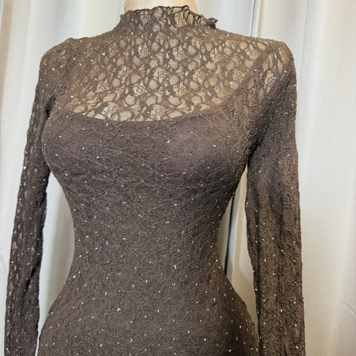 Long Sleeve Rhinestone Lace Dress-Brown