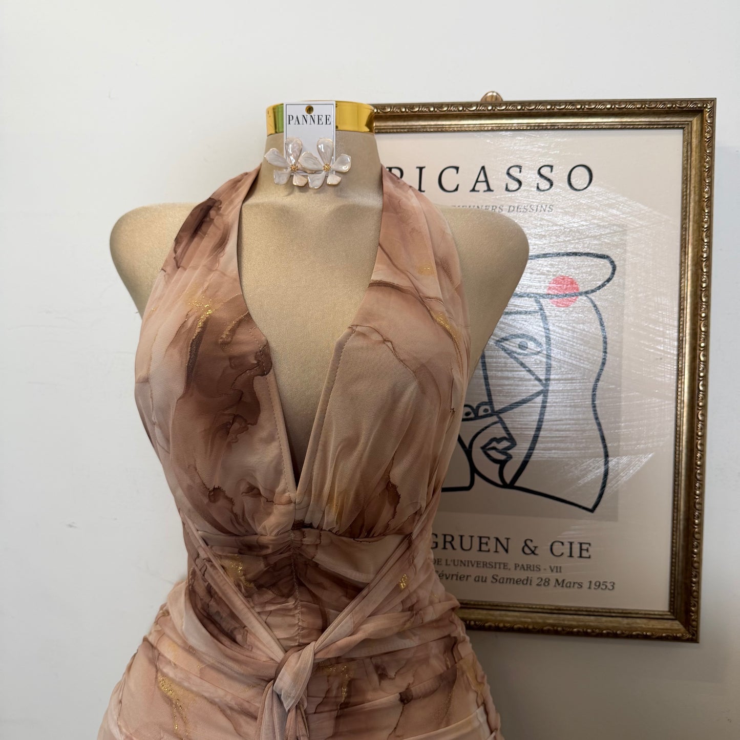 Metallic Mesh Print Maxi Dress with Front Sash-Cappuccino