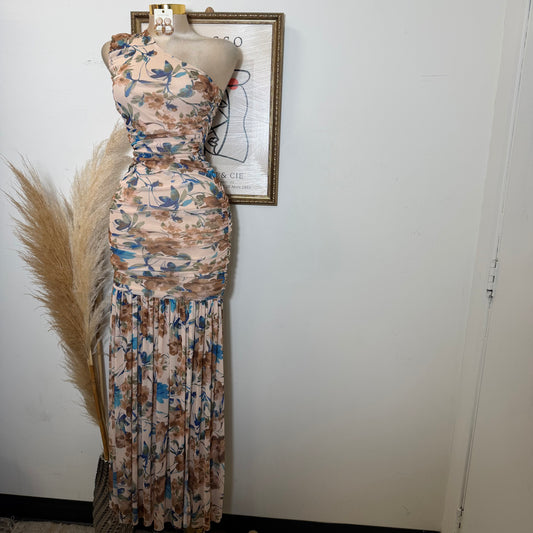 One Shoulder Mesh Maxi Dress-Brown