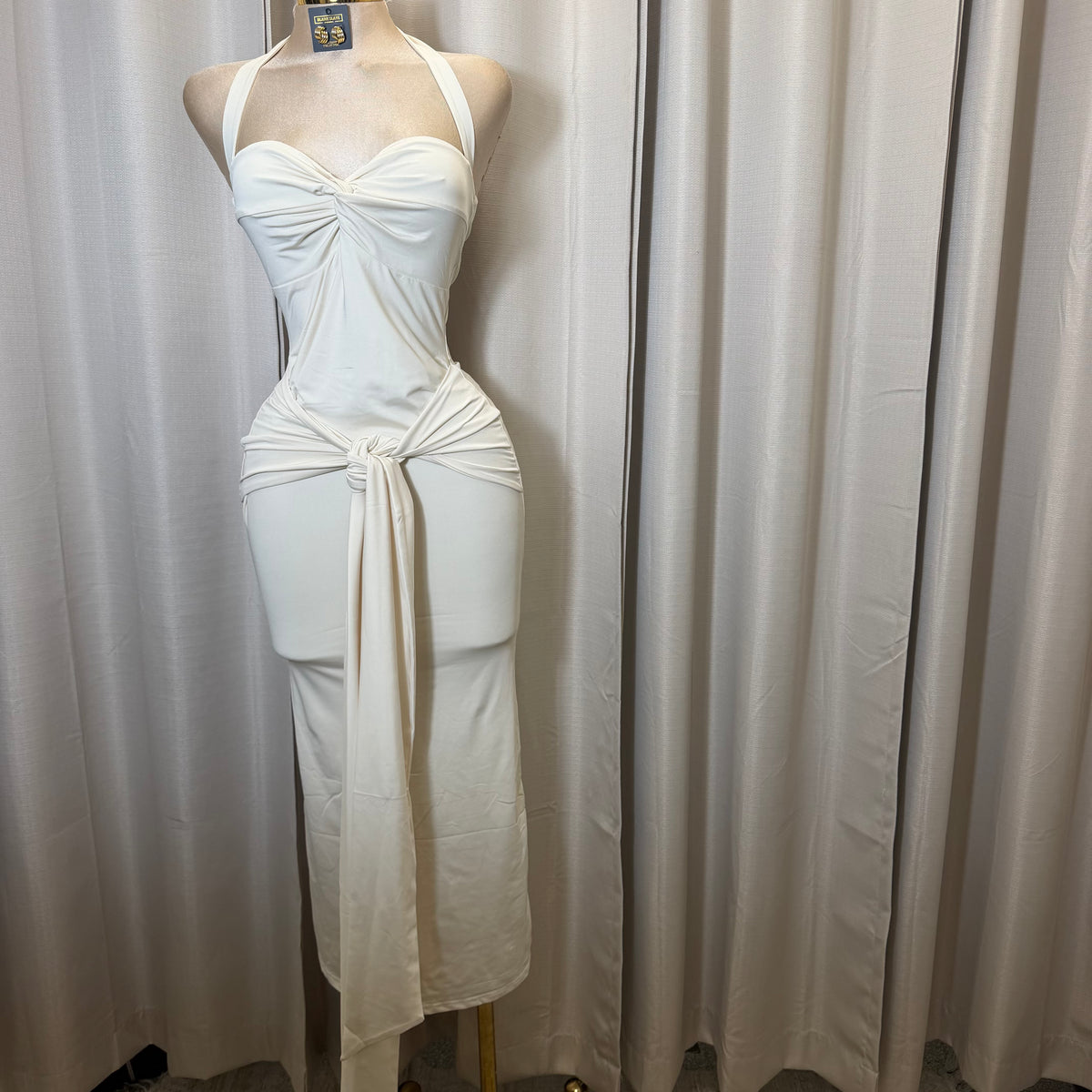 HALTER TWIST FRONT DRAPED MAXI DRESS-Cream/White
