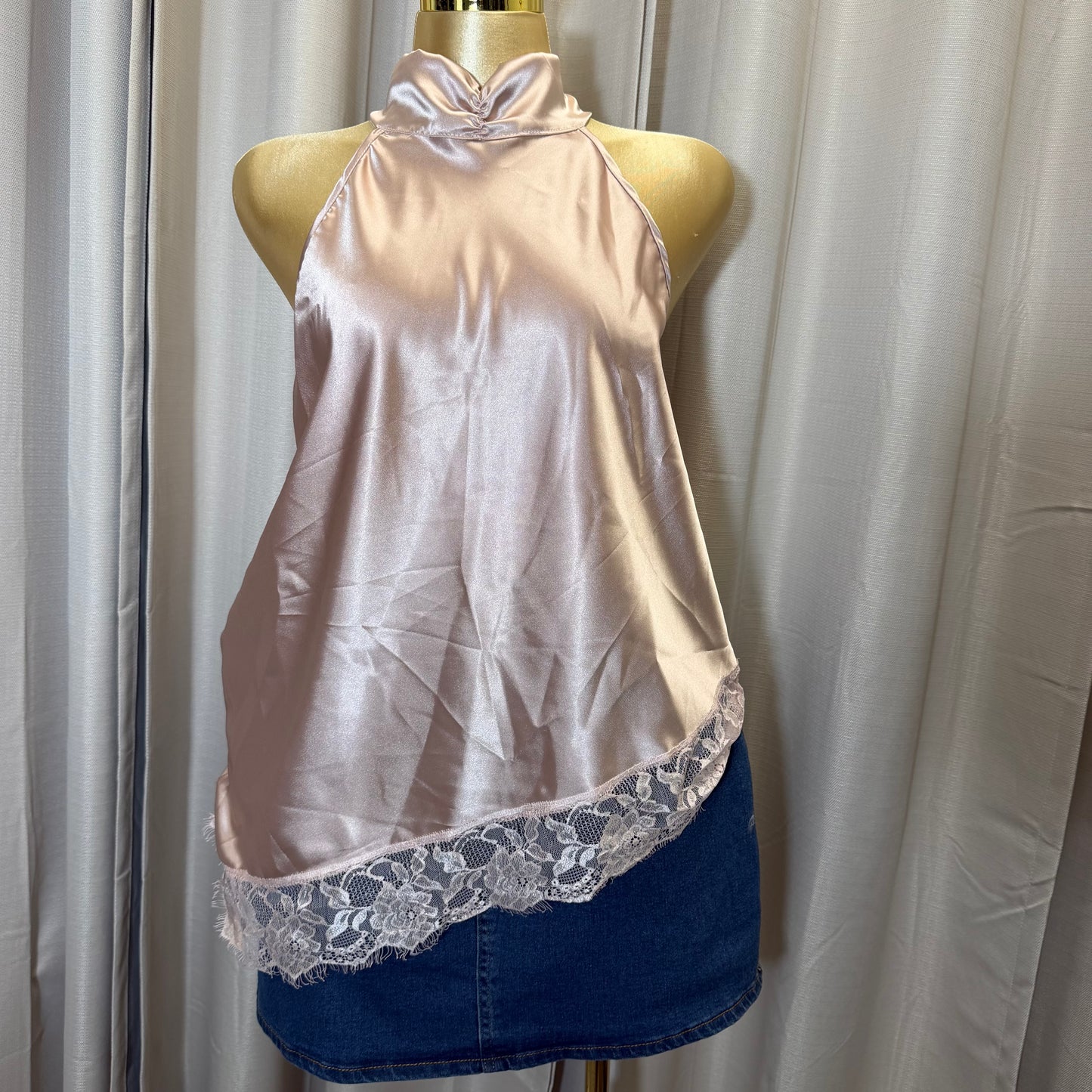 PL-Satin Lace Asymmetrical Top-Baby Pink