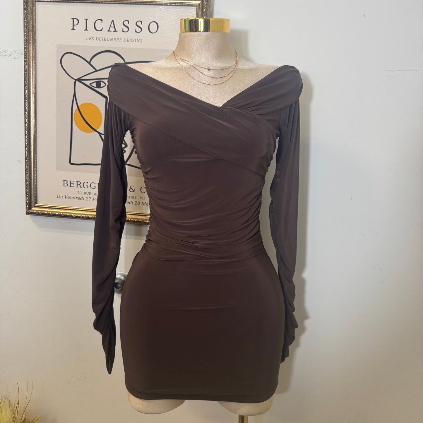 Long Sleeve Off Shoulder Ruched Mini Dress-Brown